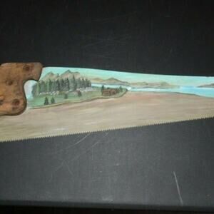 VINTAGE HANDPAINTED HAND SAW W/WOOD HANDLE LAKE WOODS NATURE SCENE 25"L